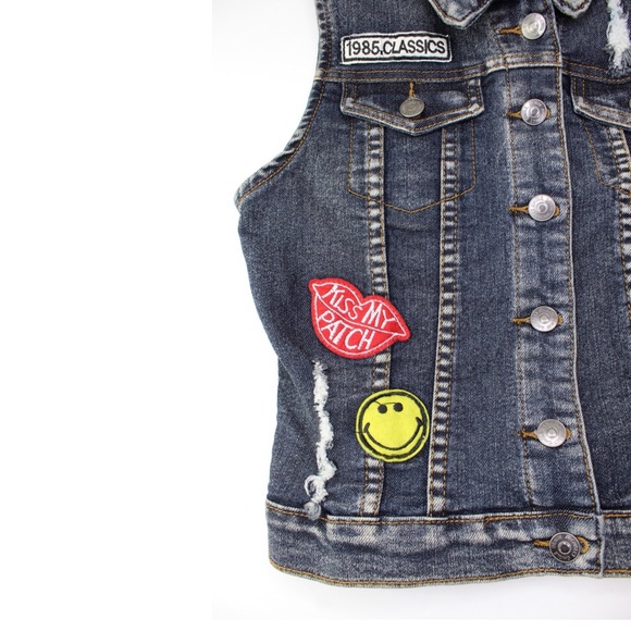 Chiqle Distressed Denim Patchwork Jean Vest S - Picture 2 of 9